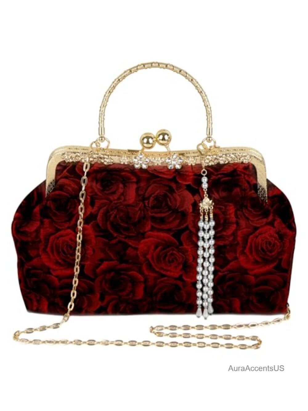 Vintage Floral Satin Jacquard Evening Bag Kiss Lock Clutch with Pearl Tassel